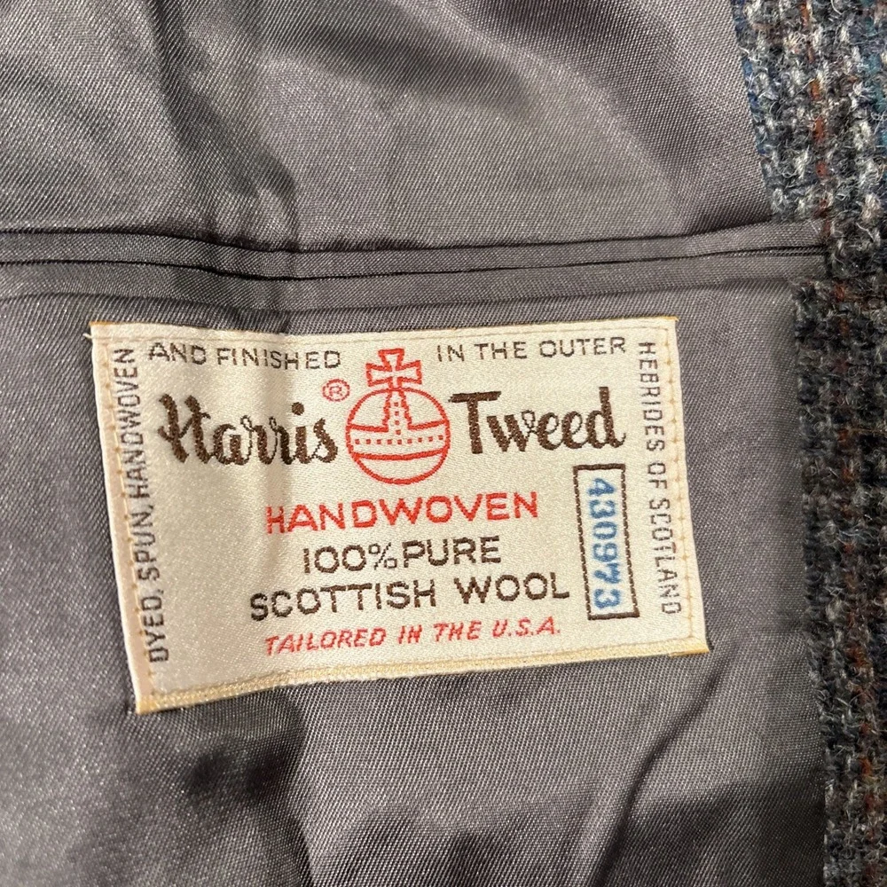Harris Tweed Mens Wool Blazer Sport Coat Grey Brown Check USA Made 2 Button